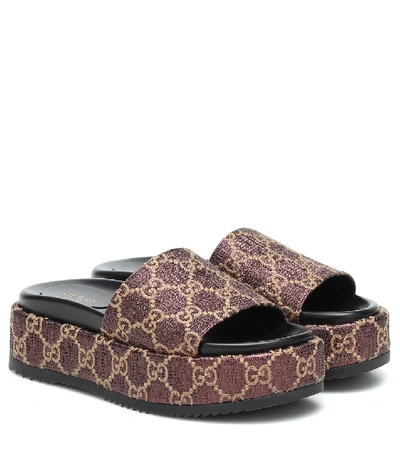 Gucci Angelina Logo-embellished Lamé Platform Slides In Purple | ModeSens