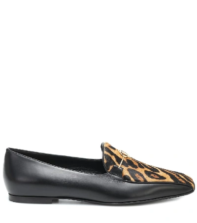 Shop Burberry Leopard-print Calf-hair Loafers In Black