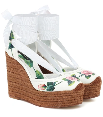 Shop Dolce & Gabbana Floral Leather Wedge Espadrilles In White