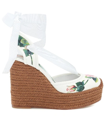 Shop Dolce & Gabbana Floral Leather Wedge Espadrilles In White