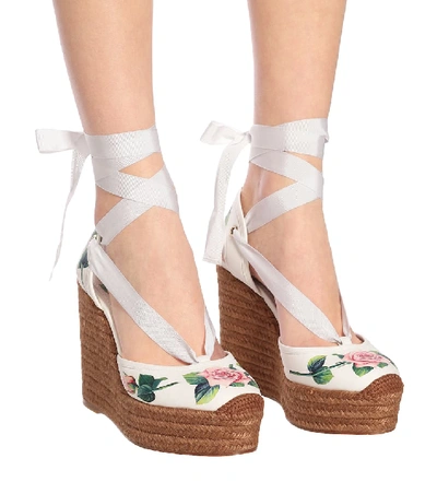 Shop Dolce & Gabbana Floral Leather Wedge Espadrilles In White