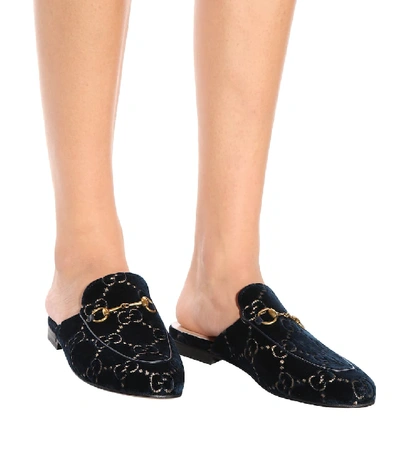 Shop Gucci Princetown Velvet Slippers In Blue