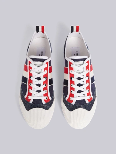 Shop Thom Browne Navy Canvas Lo-top Vulcanized Brogued Trainer In Blue