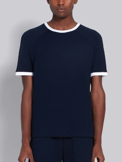 Shop Thom Browne Navy Seersucker Short Sleeve Ringer Tee In Blue