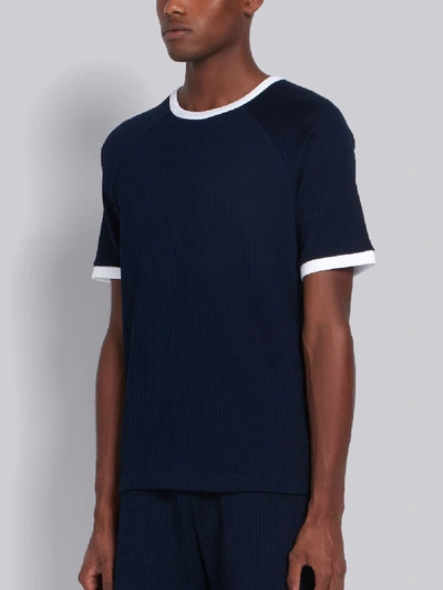 Shop Thom Browne Navy Seersucker Short Sleeve Ringer Tee In Blue