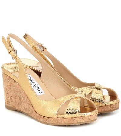 Shop Jimmy Choo Amely 80 Leather Wedge Sandals In Gold