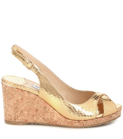 Shop Jimmy Choo Amely 80 Leather Wedge Sandals In Gold