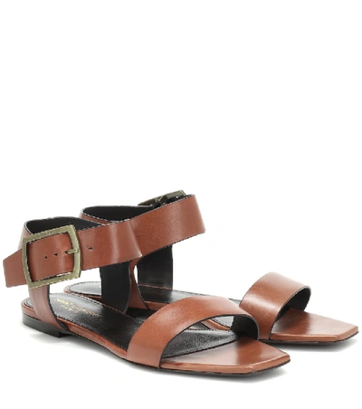Saint Laurent Oak Leather Buckle Sandals In Brown | ModeSens