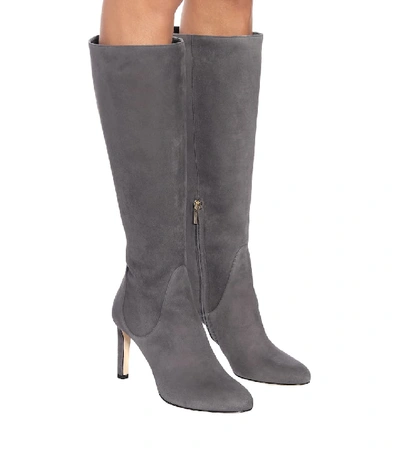 Shop Jimmy Choo Tempe 85 Suede Knee-high Boots In Grey