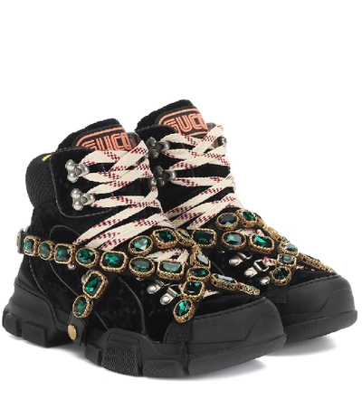 Shop Gucci Flashtrek Velvet Sneakers In Black
