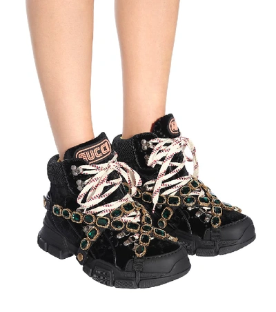 Shop Gucci Flashtrek Velvet Sneakers In Black