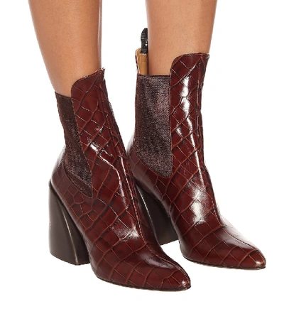 Shop Chloé Wave Embossed Leather Ankle Boots In Brown