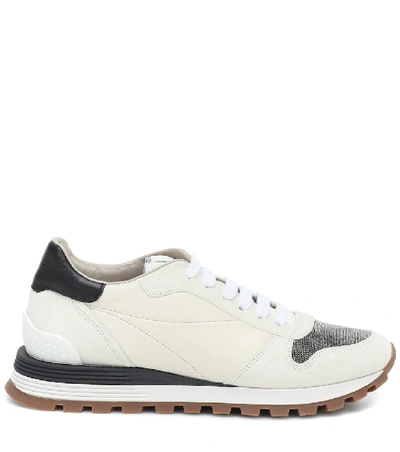 Shop Brunello Cucinelli Embellished Leather And Suede Sneakers In Neutrals