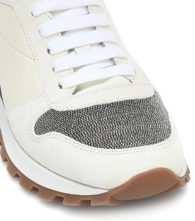 Shop Brunello Cucinelli Embellished Leather And Suede Sneakers In Neutrals