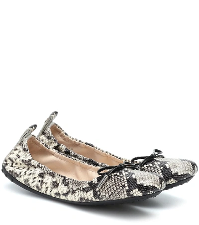 Shop Tod's Snake-effect Leather Ballet Flats In White