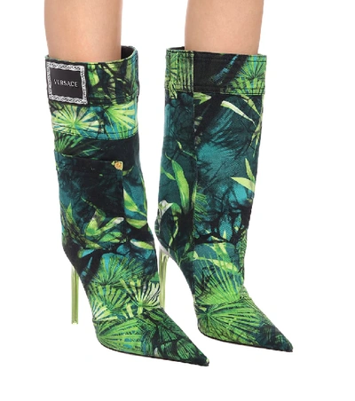 Shop Versace Jungle-print Denim Boots In Green