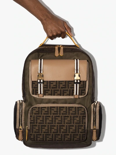 Shop Fendi Brown Logo Suede Canvas Backpack