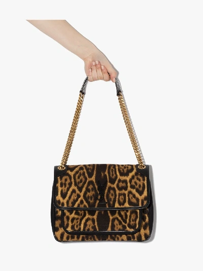 Shop Saint Laurent Brown Niki Leopard Medium Leather Shoulder Bag