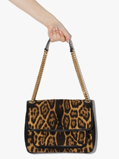 Shop Saint Laurent Brown Niki Leopard Medium Leather Shoulder Bag
