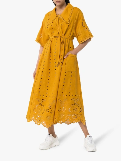Shop Vita Kin Charlotte Broderie Anglaise Linen Midi Dress In Yellow
