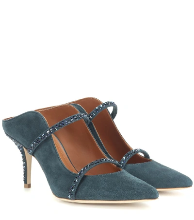 Shop Malone Souliers Maureen Crystal Suede Mules In Blue