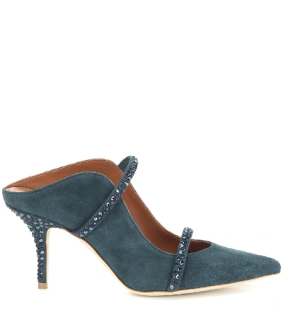 Shop Malone Souliers Maureen Crystal Suede Mules In Blue