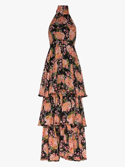 Shop Bytimo Halterneck Floral Print Maxi Dress In Black