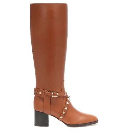 Shop Valentino Rockstud Riding Leather Knee High Boots In Brown