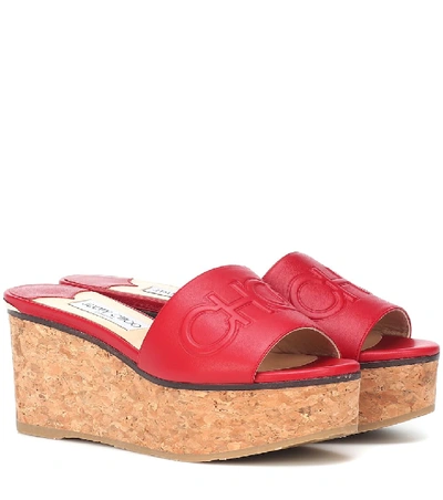 Shop Jimmy Choo Deedee 80 Leather Wedge Sandals In Red