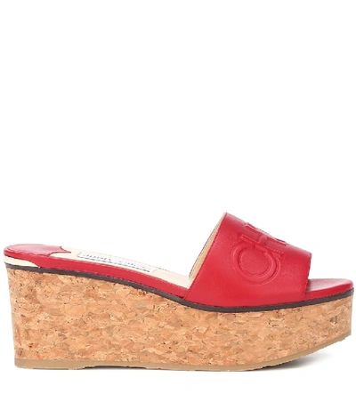 Shop Jimmy Choo Deedee 80 Leather Wedge Sandals In Red