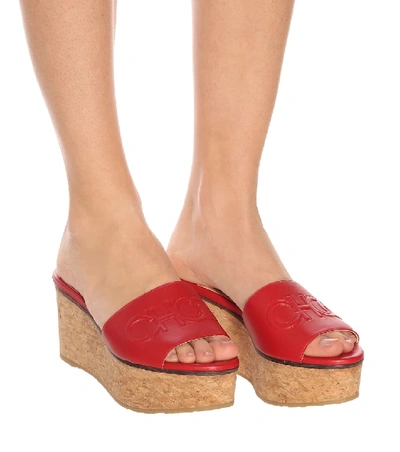 Shop Jimmy Choo Deedee 80 Leather Wedge Sandals In Red