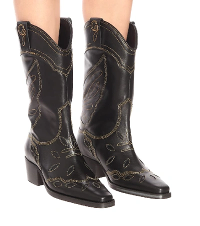 Shop Ganni High Texas Leather Cowboy Boots In Black