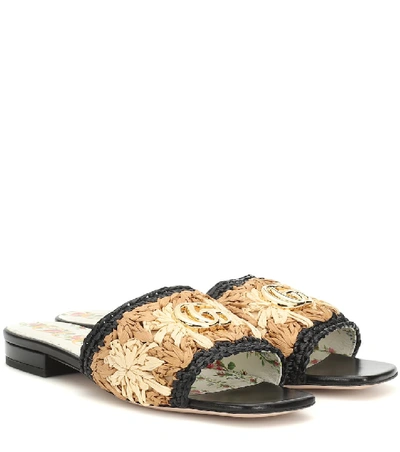 Shop Gucci Floral Raffia And Leather Sandals In Beige