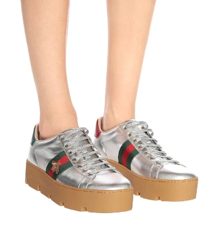 Shop Gucci Ace Leather Platform Sneakers In Metallic