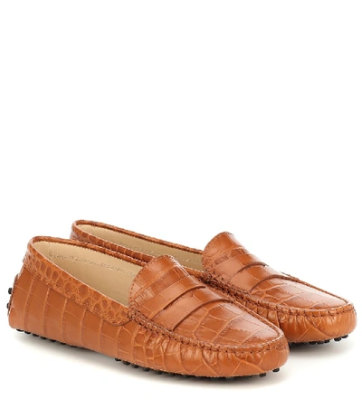 Shop Tod's Gommino Croc-effect Leather Loafers In Brown