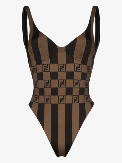 Shop Fendi Pequin Print Underwire Swimsuit In Black