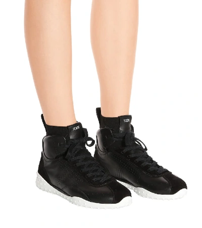 Shop Tod's Leather High-top Sneakers In Black