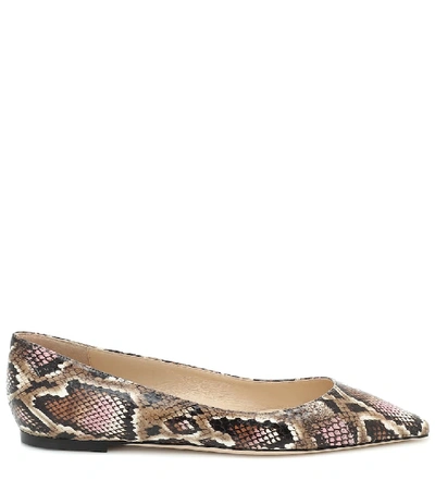 Shop Jimmy Choo Romy Snake-effect Leather Ballet Flats In Brown