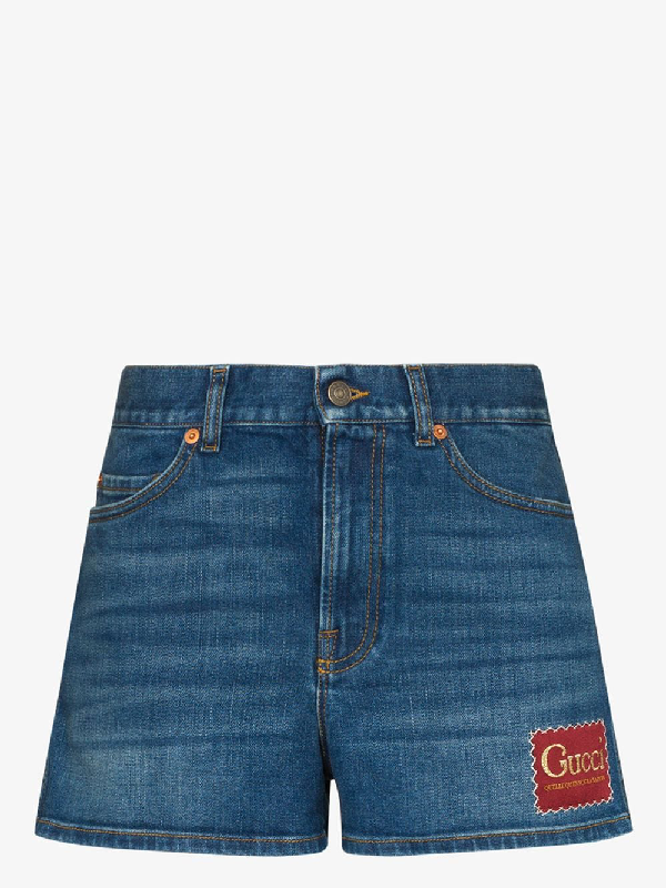 Gucci Mid-rise Logo Patch Shorts In Blue | ModeSens