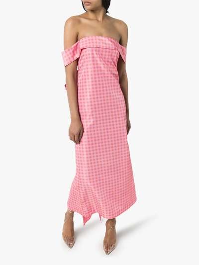 Shop Bernadette Julia Gingham Off-the-shoulder Gown In Pink