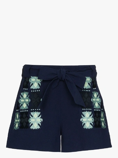 Shop Figue Leah Embroidered Cotton Shorts In Blue
