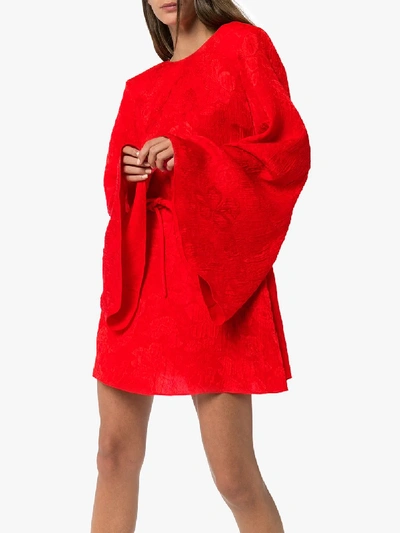 Shop Stella Mccartney Belted Long Sleeve Silk Dress In Red