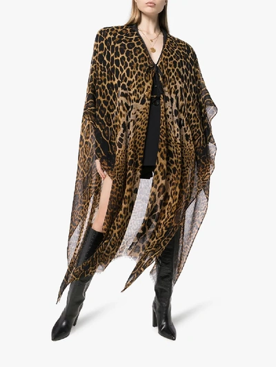 Shop Saint Laurent Leopard Print Wool Poncho In Brown