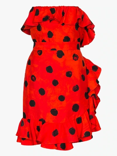 Shop Moschino Polka Dot Ruffle Mini Dress In Red