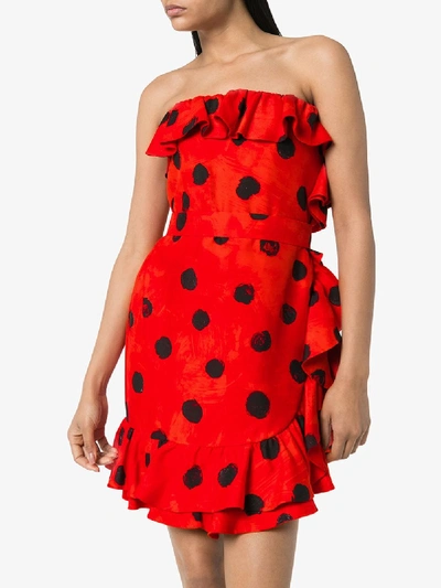 Shop Moschino Polka Dot Ruffle Mini Dress In Red