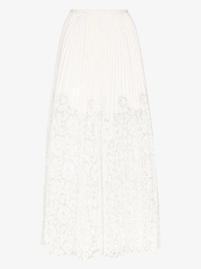 Shop Valentino Lace Pleated Leather Maxi Skirt In White