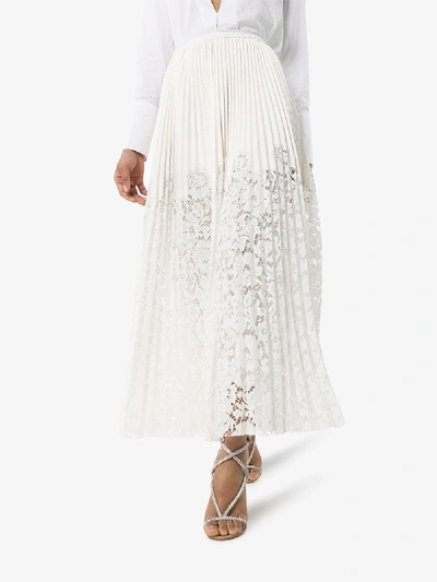 Shop Valentino Lace Pleated Leather Maxi Skirt In White