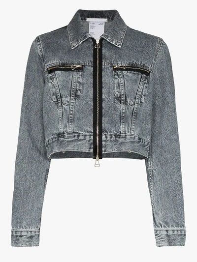 Shop Helmut Lang Zipped Cropped Denim Jacket In Grey
