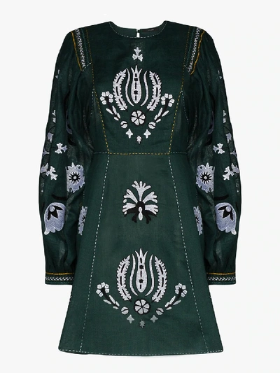 Shop Vita Kin Jasmine Embroidered Linen Mini Dress In Green