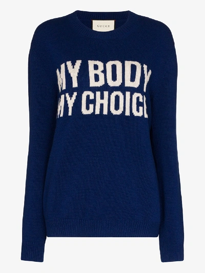 Gucci My Body My Choice Intarsia-knit Wool Sweater In Blue | ModeSens